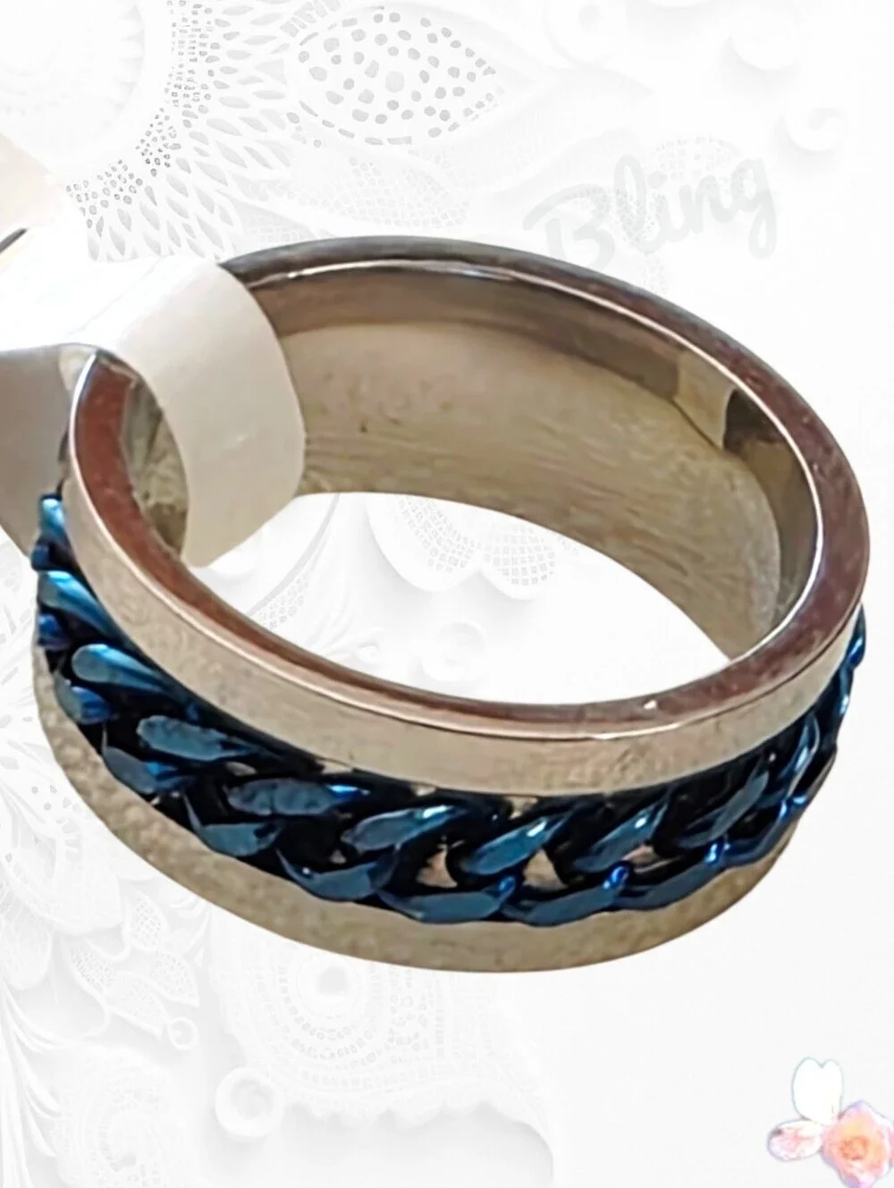 Men's Blue Braided Inlay Band Ring Modern Men’s Titanium Style Size 7